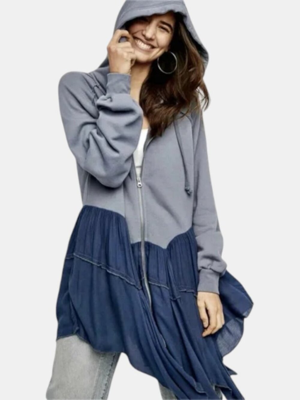 FREE PEOPLE MOON DUST HOODED CARDIGAN JACKET WASHED DENIM WOMENS SIZE L NWOT